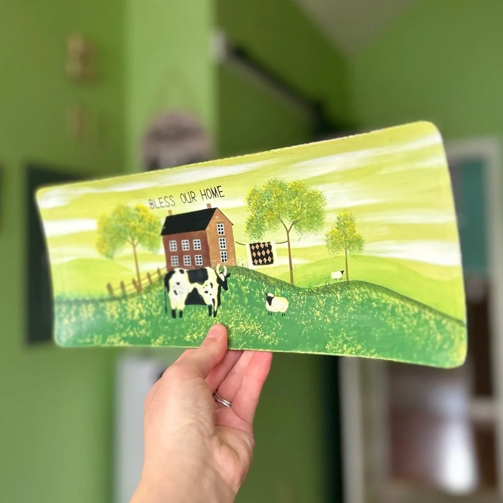 VTG Hand Painted Charming Country Farm Land Cow Bless Our Home Wall Accent
